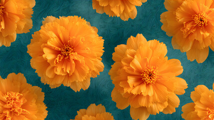 Overhead view of vibrant orange flowers on a teal background. Floral pattern for Gudi Padwa and Marathi New Year celebration.