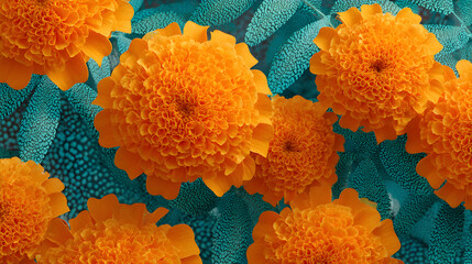 Orange marigold flower on teal leaf background for Gudi Padwa and Indian New Year celebration. Festival floral bloom flat lay.