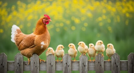 Fototapeta premium Brown hen with chicks on wooden fence in blooming yellow field at sunrise