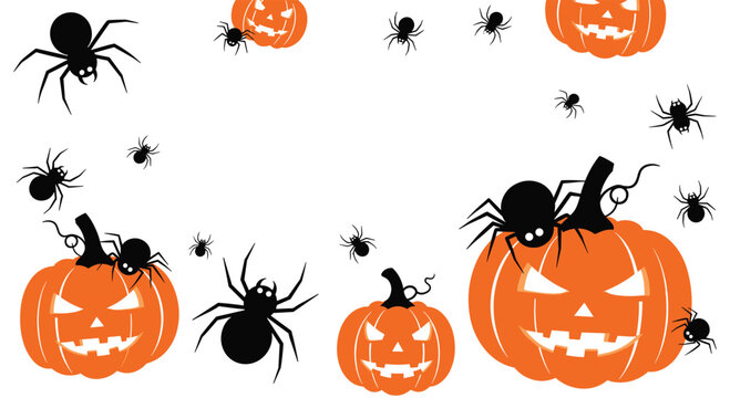 A festive Halloween background pattern featuring carved orange pumpkins with spooky faces and numerous black spiders