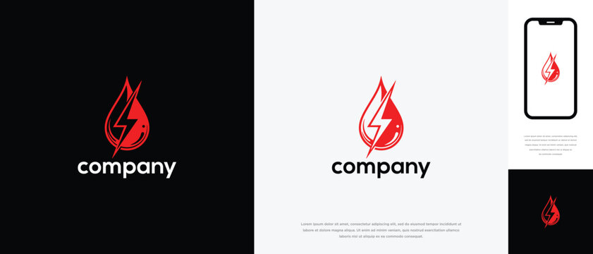 Red Drop Lightning Energy Logo Design - Modern Power  Fuel Brand Identity Template.