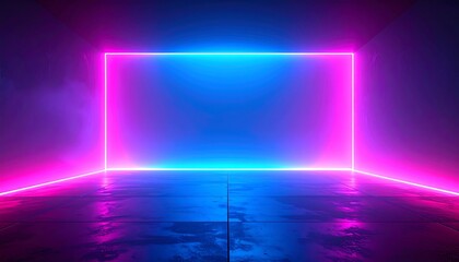 Fototapeta premium Futuristic empty room with a glowing rectangular neon frame casting pink and blue light on a reflective dark floor