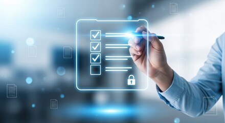 Person Signing Digital Document with Secure Checklist and Lock