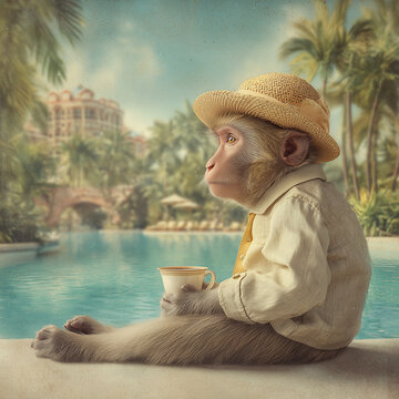 Pensive Monkey Enjoying Coffee by Tropical Resort Pool