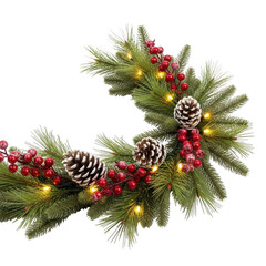 Christmas garland with lights and berries isolated on transparent background