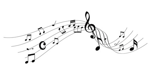 Vector musical melody with floating notes on staff lines. Curved musical notes and treble clef lines illustration.