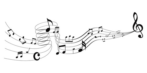 Vector musical melody with floating notes on staff lines. Curved musical notes and treble clef lines illustration.