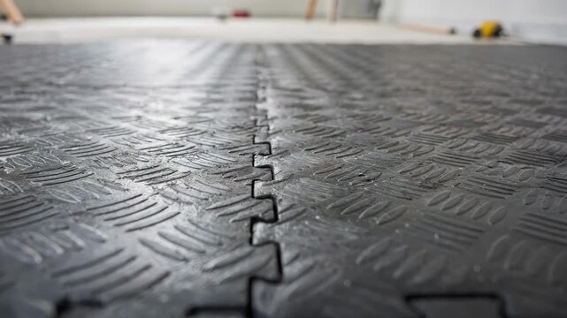 Medium frame showing the precise alignment of cushioned rubber tiles with a focus on the antislip surface pattern while the installation environment fades into soft focus.