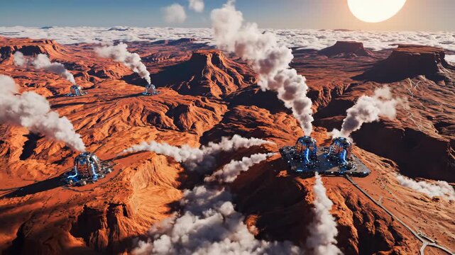 mars canyon mining outpost with erupting smoke plumes, aerial survey over red rugged landscape, multiple drilling rigs radiating steam, geologist teams and engineer drones, solar arrays