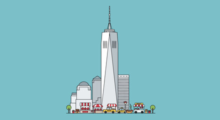 Obraz premium Iconic New York City skyline illustration featuring the One World Trade Center and surrounding buildings, capturing the essence of urban architecture and cityscape vibrancy