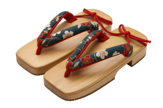 Traditional Japanese wooden geta sandals with floral thong and red ties for women and girls