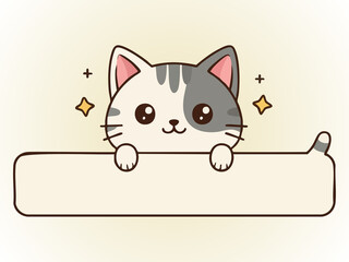 Fototapeta premium Cute Kawaii Cat Character Peeking Over Blank Banner for Tex