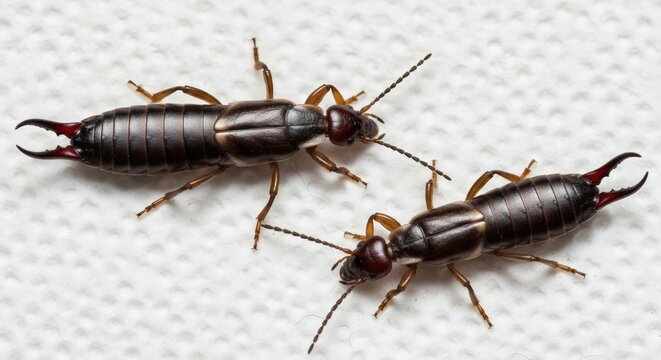 Earwigs Duet Two insects closeup on white textile with arthropod macro shot.