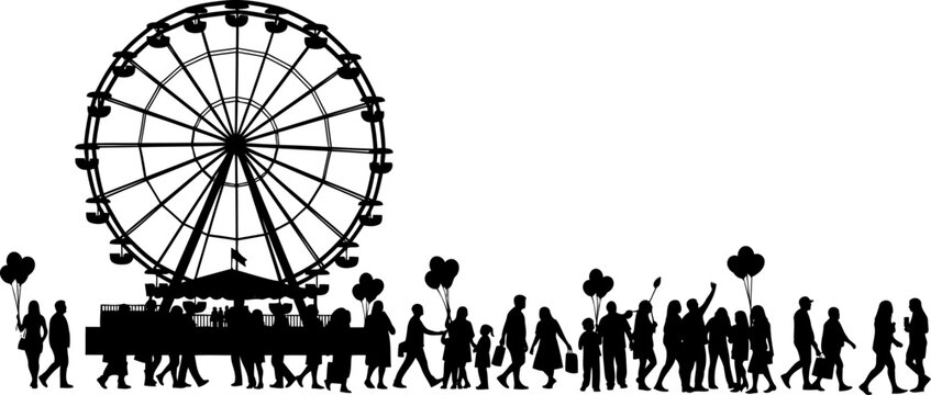 Amusement park fairground silhouette with ferris wheel and crowds