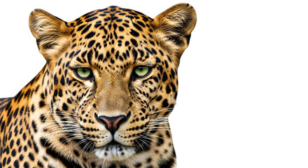 Obraz premium Jaguar Face PNG Transparent Background, Close Up Leopard with Green Eyes Intense Stare, Realistic Wild Cat Portrait Isolated