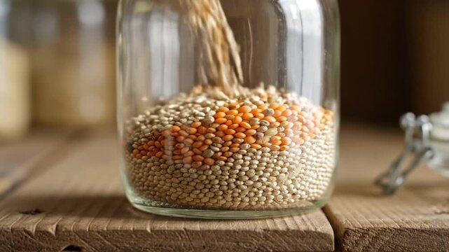 Close-up of diverse grains and lentils being poured into a clear glass jar for storage