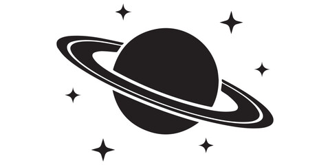 Saturn icon, Saturn with sparkle silhouette, cosmos and planet Saturn with its iconic rings and surrounding stars. This graphic captures the wonder of space and celestial bodies. © SujetaRani