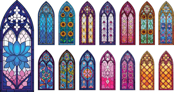 Collection of gothic stained glass window vector illustrations featuring colorful floral patterns sunflowers and intricate cathedral architecture designs