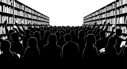 Large crowd in a modern library using digital tablets silhouette