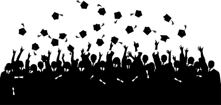 Large group of graduates throwing mortarboards in the air silhouette