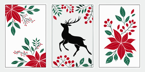 Set of three artistic christmas wall art prints with jumping deer and poinsettia flowers christmas reindeer poinsettia greeting illustration seasonal botanical decoration template © Designer Pac 2