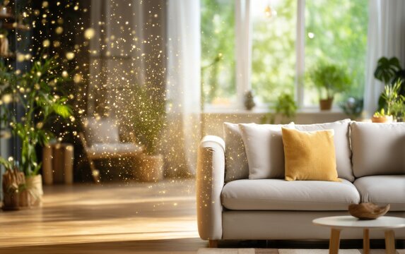 Pollen Grains Drifting Through an Open-Plan Living Space with Cozy Furniture