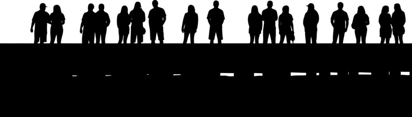 People standing in a line along a pier or wall silhouette
