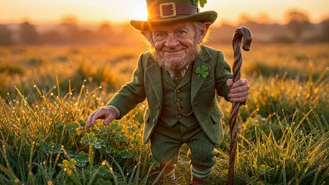 Leprechaun strolling through golden field at sunset. Mythical irish character in green suit and hat walks with shillelagh then reaches toward grass in magical sequence.
