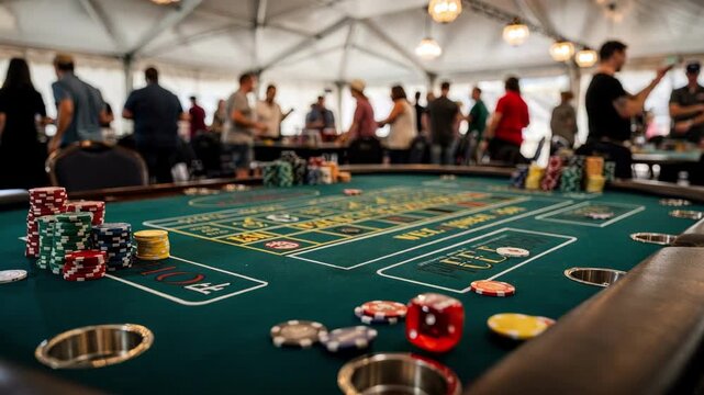 Focused medium shot of a temporary craps table inside a modular casino tent with dice and chips vivid and the lively crowd blurred in the background.