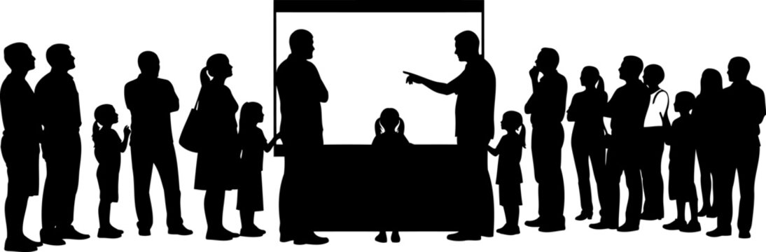 Museum visitors observing a large display screen silhouette