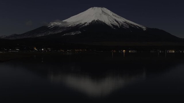 夜の山中湖（富士五湖）より望む月光を浴びる富士山と星座のタイムラプス映像（横・パンニング）