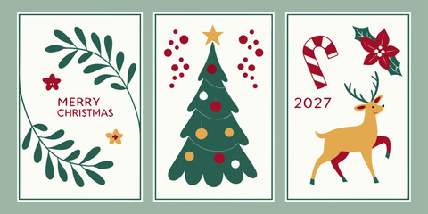 Christmas 2027 greeting cards collection featuring a decorated pine tree reindeer candy cane poinsettia flower in modern flat style christmas reindeer greeting poinsettia seasonal © Designer Pac 2