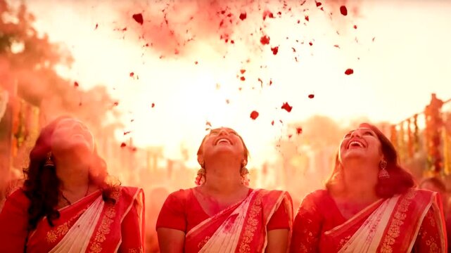 Three women celebrating with colored powder during a festival.