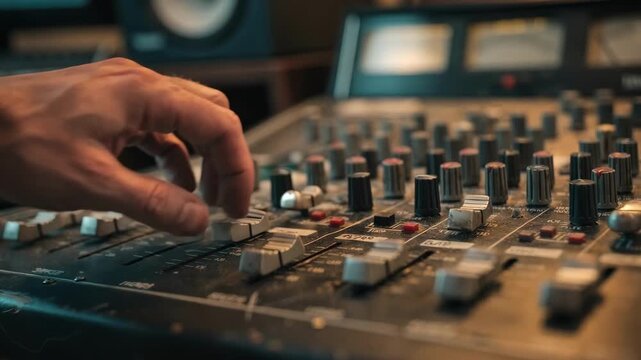 Focused view on hand adjusting vintage analog faders on mixing board with softly blurred background monitors and ambient light hues.