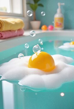 Funny ball in foamy water in basin in bathroom