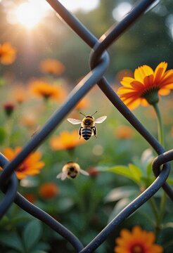 Close-up of bee and flowers growing by a metal fence
