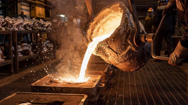 Men in helmets pouring molten metal into mold in factory. Industrial foundry casting sequence showing high temperature manufacturing process from start to finish.