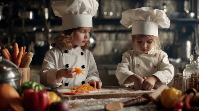 Children in chef uniforms preparing food in a bustling kitchen filled with fresh ingredients and cooking tools during a fun culinary class