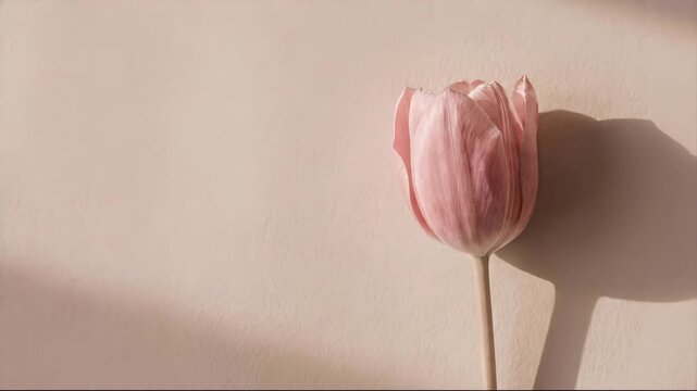 Pink tulip flower on long stem with soft shadow. Floral still life on light background. Spring bloom concept for nature decoration and seasonal inspiration.