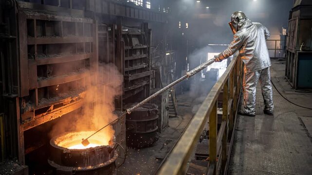 A foundry worker takes a metal sample for analysis. Video footage.