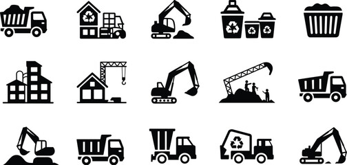 Construction and recycling equipment icon set, excavators dump trucks waste management containers industrial machinery collection for infrastructure and environmental services © SreemotiLipi