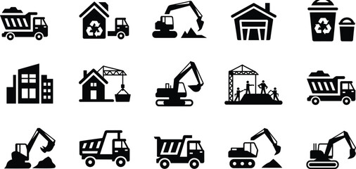 Construction and waste management icon collection, excavators dump trucks recycling bins industrial buildings heavy machinery vector set for infrastructure projects © SreemotiLipi
