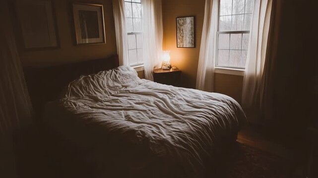 selective focus cozy bedroom with double bed and soft lighting