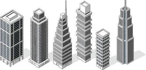 Minimal isometric skyscraper set smart city urban vector © Md