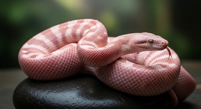 Close-up of a beautiful pale pink and white striped albino ball python coiled on a dark stone, with its tongue flicking
