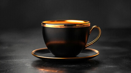 Elegant black coffee cup with gold rim on a dark leather surface