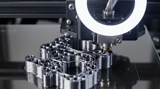 Close-up of a 3D printer creating a complex, multi-layered object with a glowing ring light