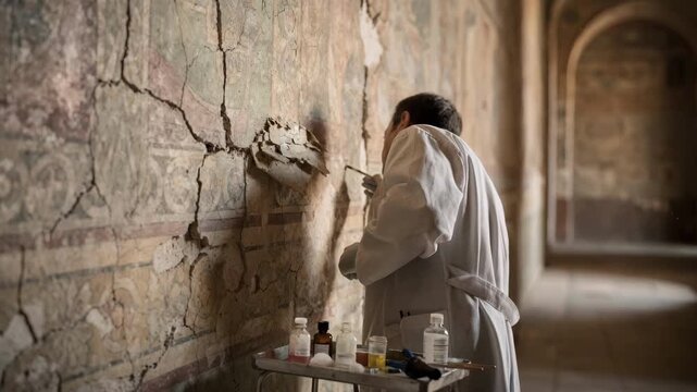 Medium shot of a conservator carefully applying reversible consolidants to stabilize flaking pigments on a temples ancient mural with blurred background details emphasizing