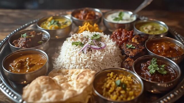 Delicious and colorful indian thali featuring assorted dishes rice and naan bread arranged on a silver platter capturing diverse textures and vibrant colors