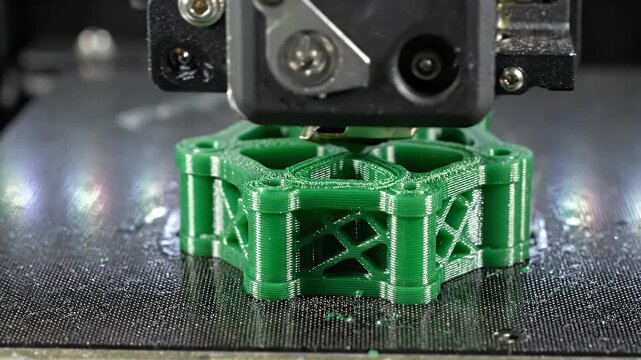 Close-up of 3D printer head depositing green plastic, building a complex latticed object